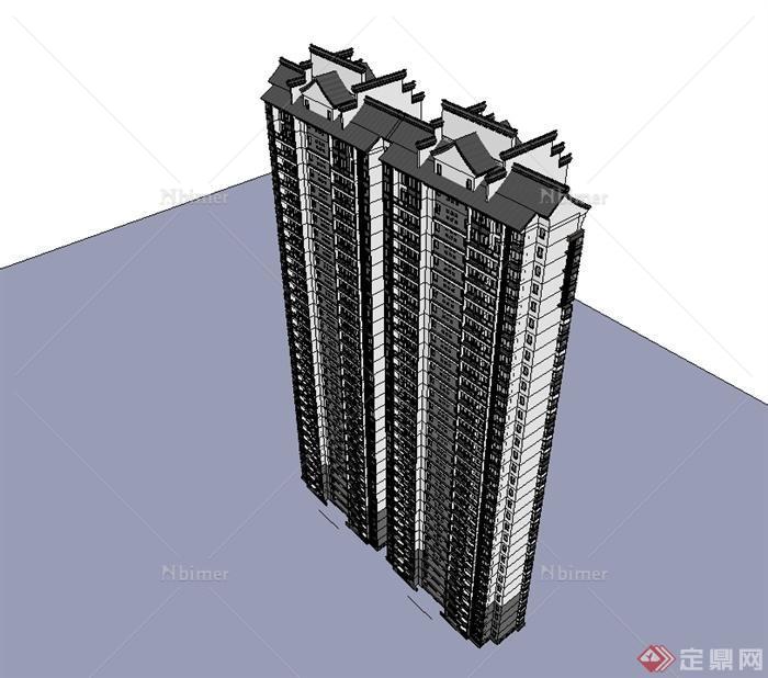 现代中式风格详细精致高层住宅建筑楼设计SU模型