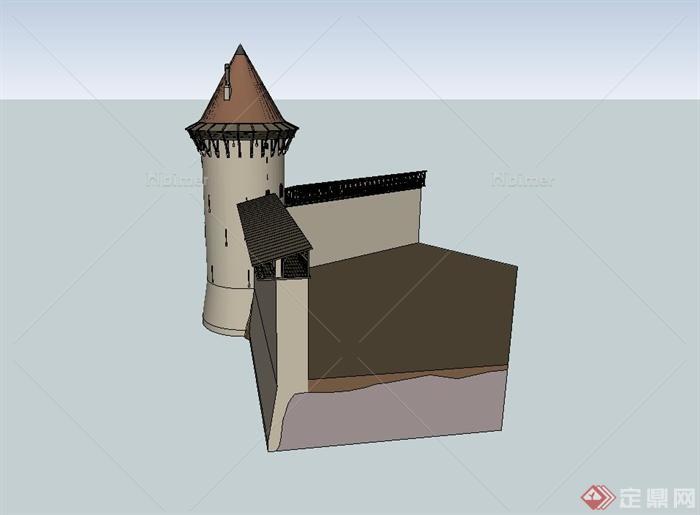 某欧式风格城堡围墙瞭望塔设计su模型[原创]