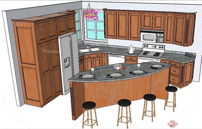 现代原木风厨房室内设计su模型