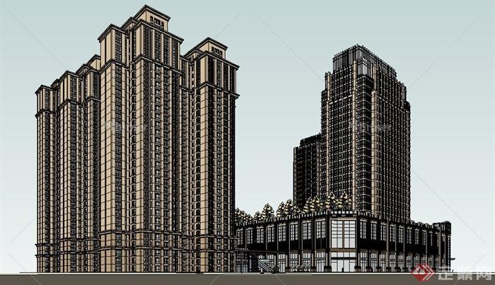 新古典风格高层住宅及综合体建筑设计su模型[原创