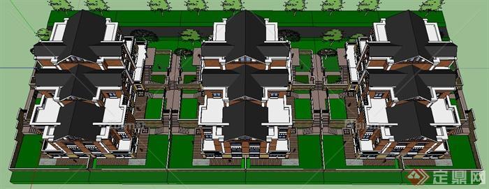 新古典风格台阶式三层别墅建筑设计SU模型[原创]