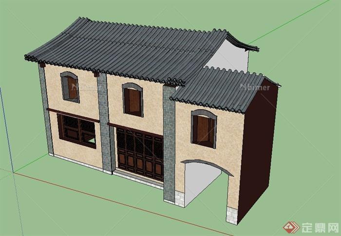 古典中式两层阁楼式商业建筑设计SU模型