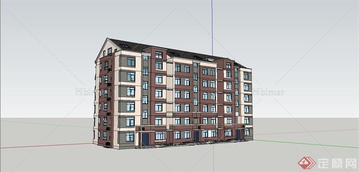 某简约现代中式风格多层住宅楼建筑设计SU模型[原
