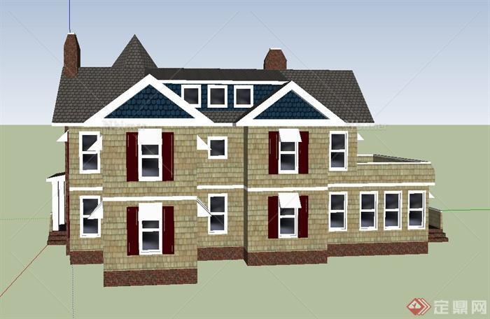 某欧式两层组合坡屋面别墅建筑设计SU模型