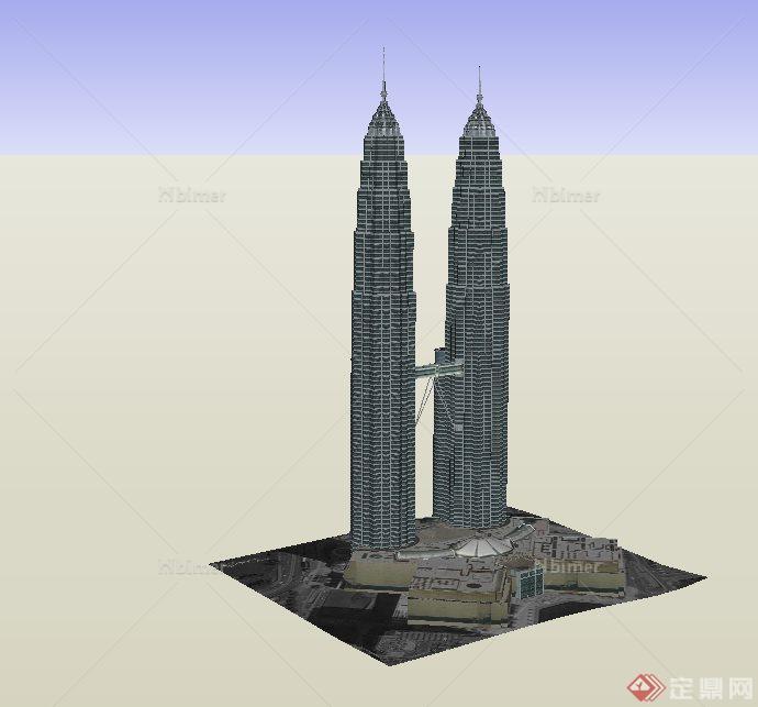 某现代超高层双塔办公建筑设计su模型