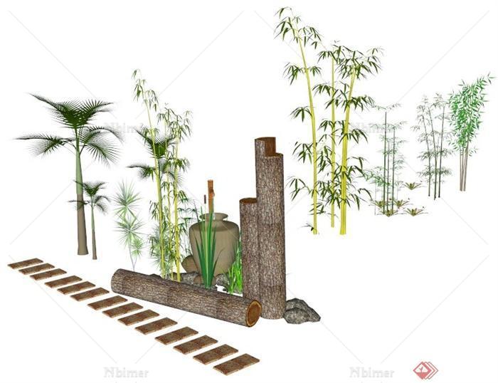 园林景观跌水小品及竹子su模型