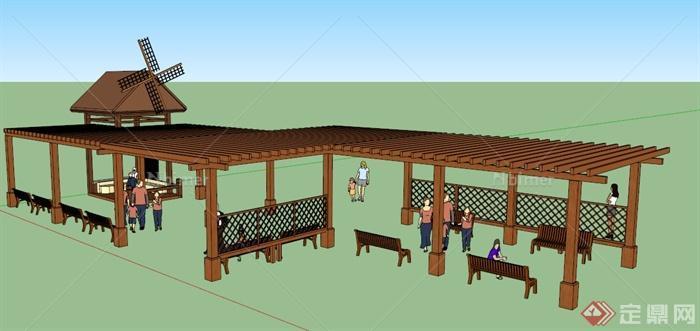 中式风格木制长廊架及风车亭设计su模型