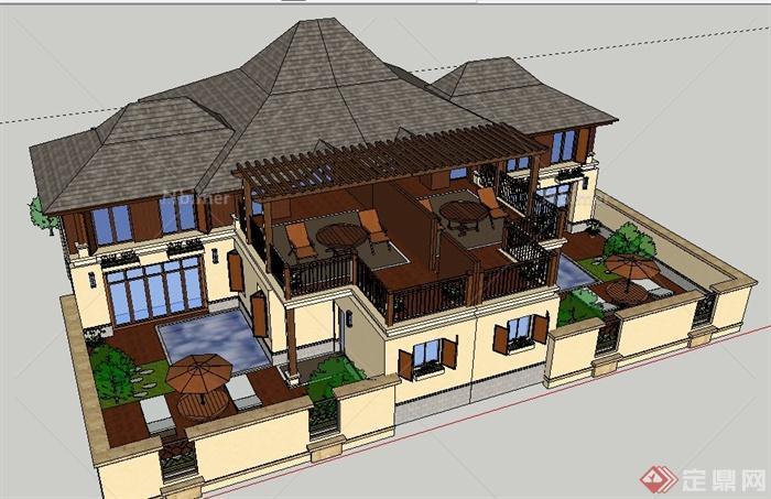 东南亚风格双拼别墅建筑及庭院设计su模型