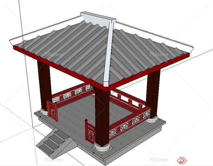 现代中式风格四角亭su模型