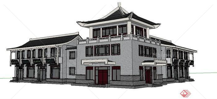 中式风格转角处商铺建筑设计su模型[原创]
