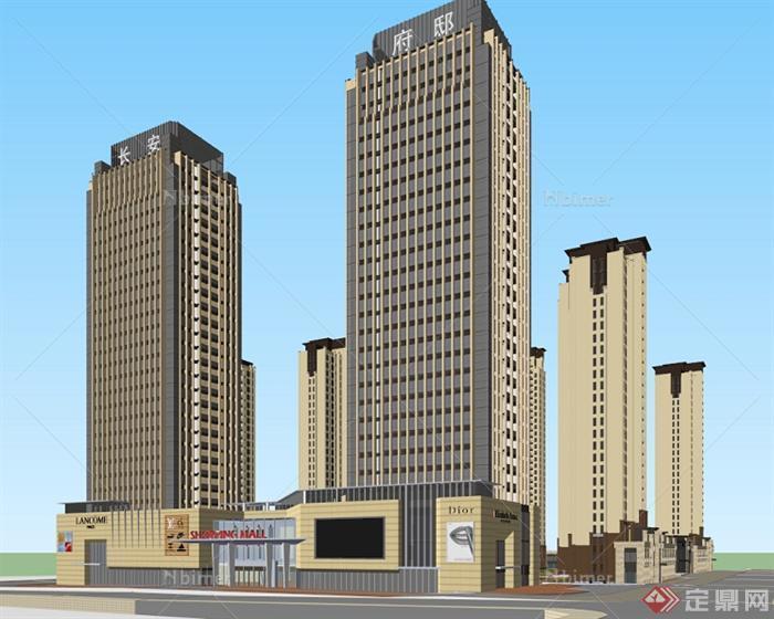新古典长安府邸综合体+高层住宅建筑方案SU设计模