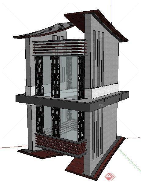 现代中式二层观景塔楼su模型