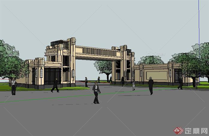 新古典居住区入口大门景观SU精致设计模型