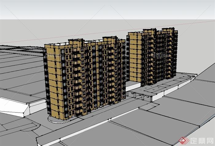 某现代风格多层一梯两户住宅楼建筑设计su模型[原