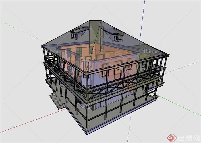 某美式风格独特制作的别墅建筑楼设计su模型[原创