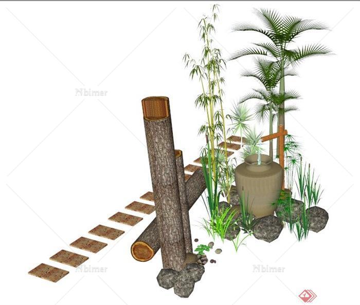 园林景观跌水小品及竹子su模型