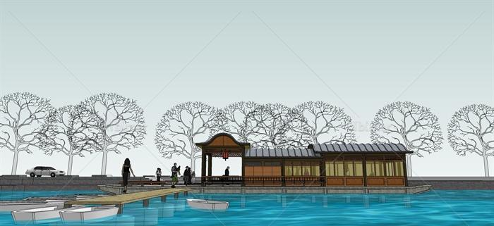 某现代中式风格乡镇旅游区游船码头建筑设计SU模