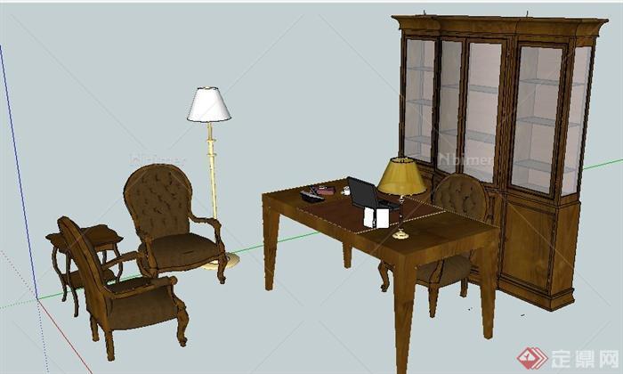 中式风格书桌椅、书柜、沙发边几su模型