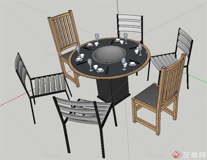 现代风格火锅店餐桌椅组合su模型