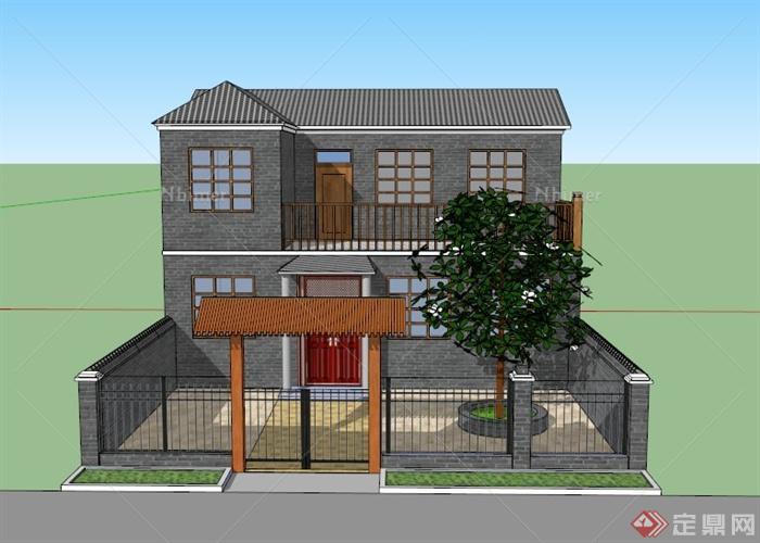 现代中式两套庭院房建筑设计SU模型