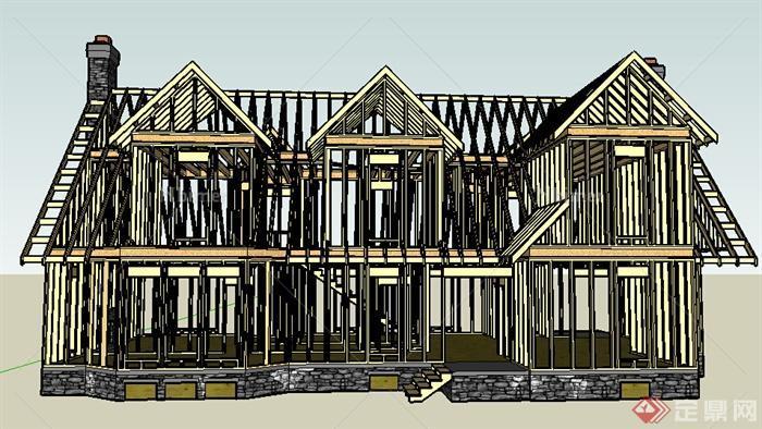 欧式木质结构两层住宅建筑设计SU模型