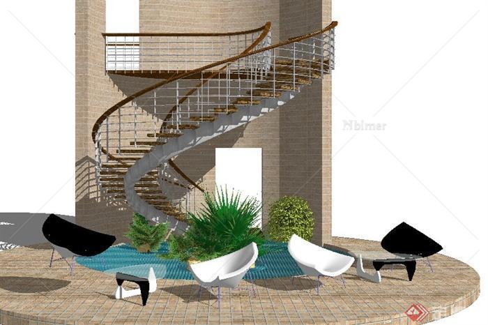 水池、楼梯景观组合su模型[原创]