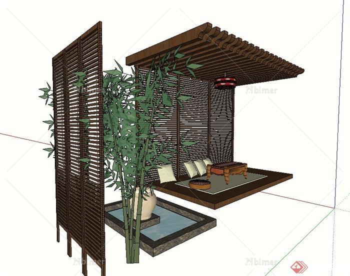 园林景观木质廊架景墙设计SU模型
