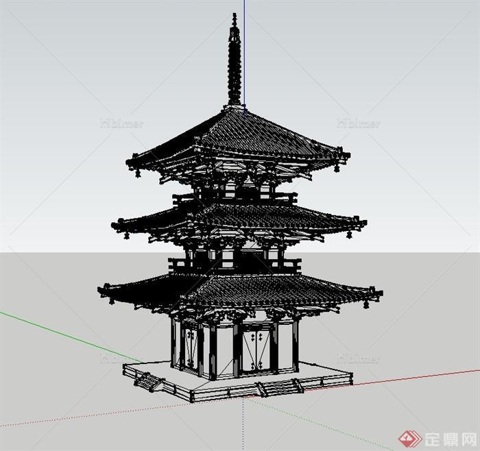 古典中式风格三层宝塔建筑设计su模型[原创]