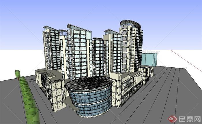 现代某高层宾馆与商业综合建筑设计SU模型与CAD平