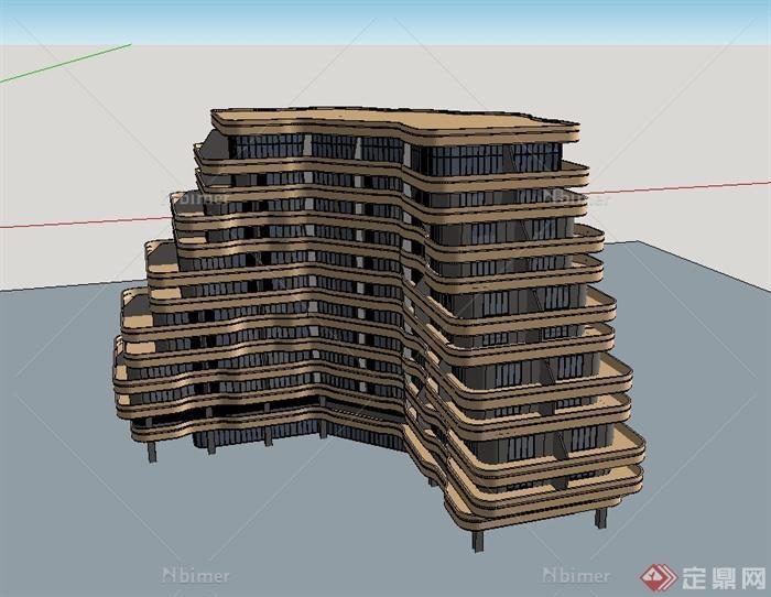 某现代风格独特造型酒店建筑大厦设计su模型[原创