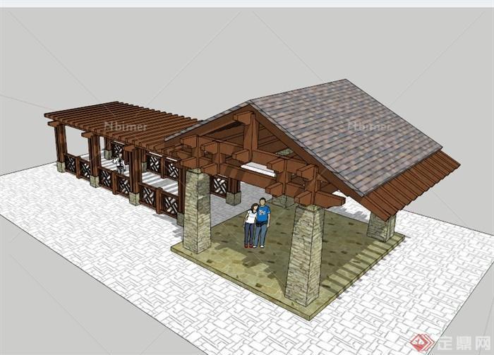 現代木製亭廊組合設計su模型[原創]