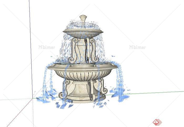 某欧式风格精致两台喷泉水钵设计su模型[原创]