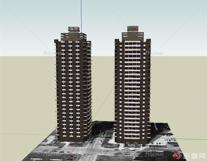 两栋方形高层住宅建筑设计SU模型