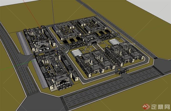 某现代中式风格完整小区建筑楼设计su模型[原创]