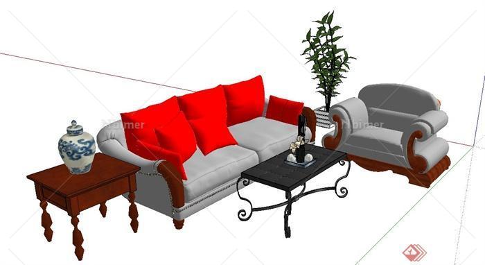 现代风格室内沙发茶几摆件组合设计SU模型