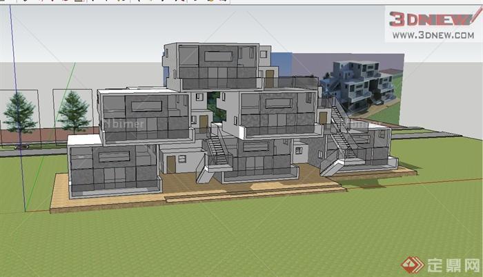 某现代集装箱式别墅住宅楼建筑设设计su模型[原创