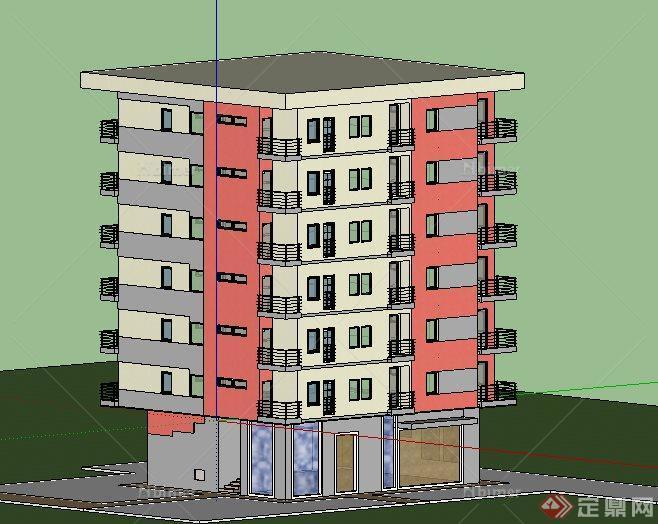 现代简约7层公寓住宅楼建筑su模型[原创]