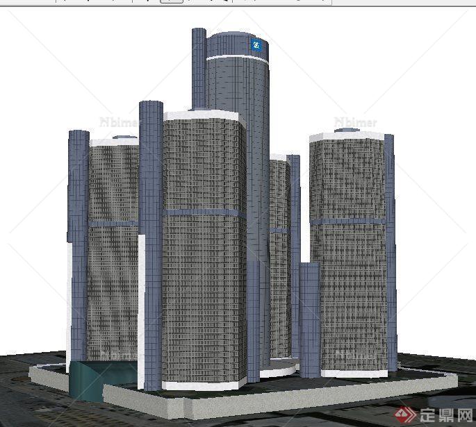 现代风格五栋高层商务中心建筑设计SU模型