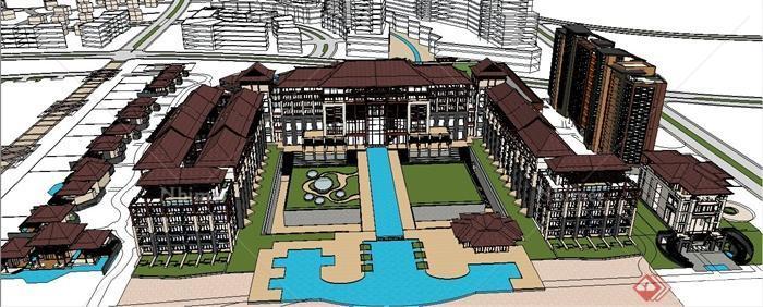 东南亚风格酒店及住宅建筑设计su模型[原创]