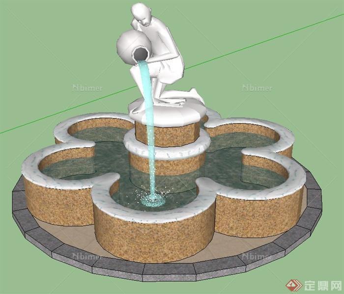 人物雕塑圆形水池设计SU模型