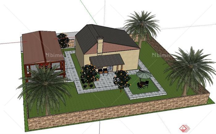 某私家别墅建筑设计SU模型（带庭院布置）