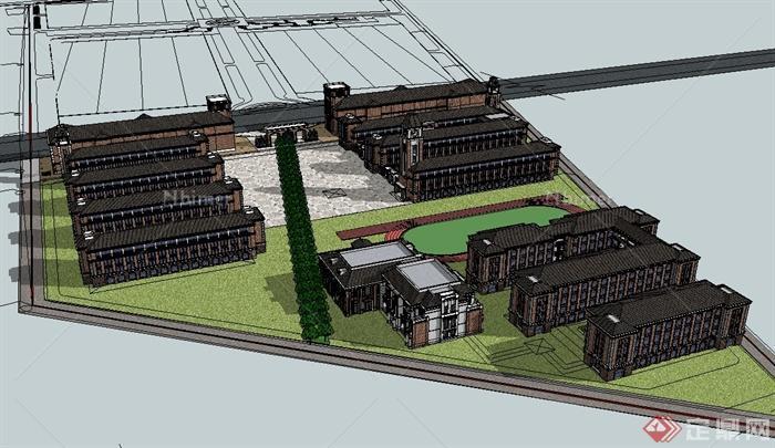 英式风格国际学校建筑楼设计su模型[原创]