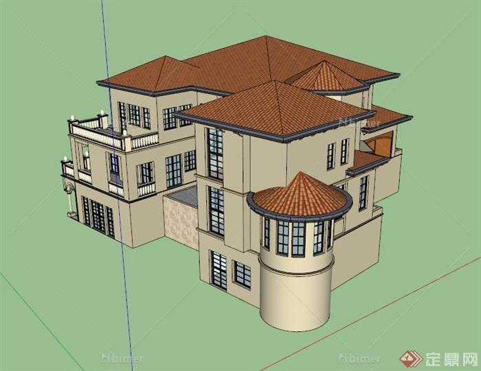 欧式三层豪华别墅建筑设计SU模型