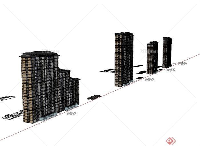 四栋不同的新古典风格高层住宅建筑SU模型[原创]