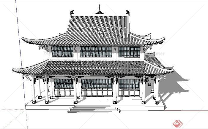 某古典中式两层晚香堂建筑设计SU模型