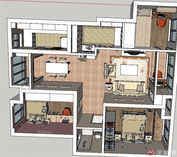 现代某两室一厅住宅空间室内装修设计SU模型+CAD