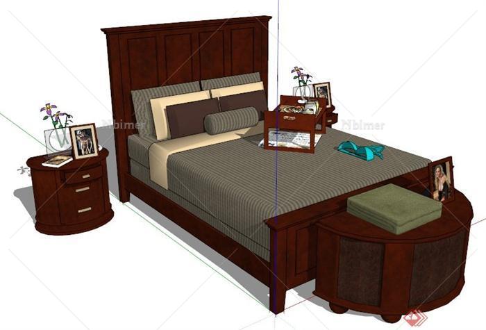 中式风格床及床脚柜设计su模型
