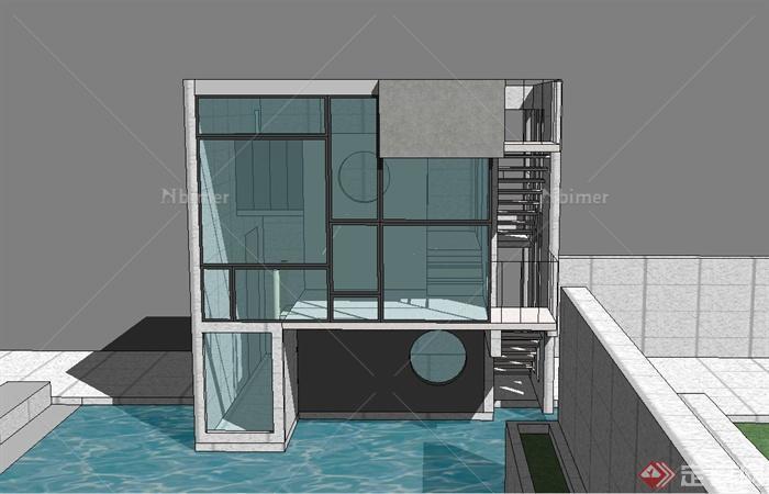 现代某两层玻璃别墅建筑设计SU模型