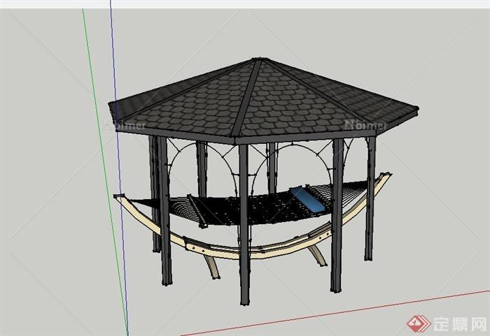 园林景观八角亭子与弧形吊床设计SU模型