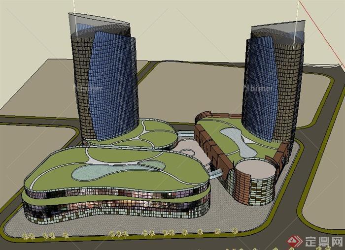 两栋商务大厦建筑设计SU模型